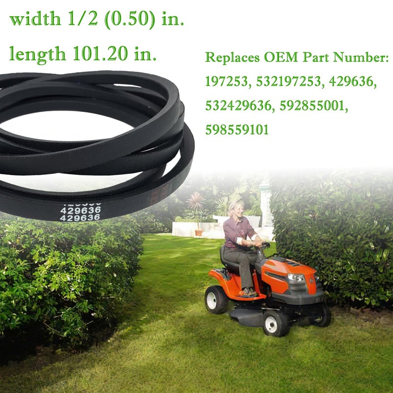 IKSI fits 429636 Craftsman Mower Deck Belt Replacement 1/2"X101" for Craftsman Husqvarna Poulan 532429636 197253 532197253 YS4500 T2200 DLS 3500 AYP 197253 - Image 2